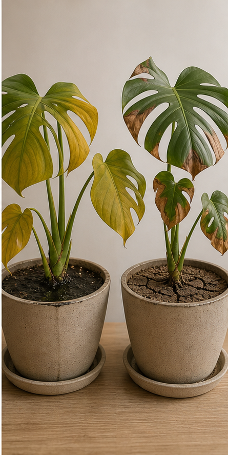 Comparison of monstera overwatering vs underwatering symptoms